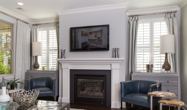 St. George mantle with plantation shutters.